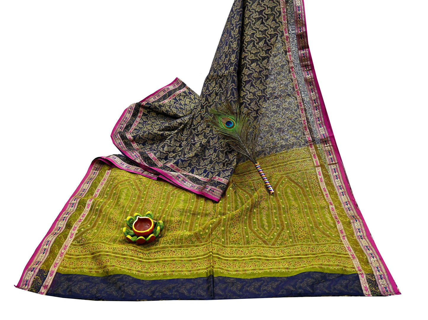 Indian Vintage Sari Blue & Green Pure Silk Hand Painted Woven Zari Saree 5yd Dress Designing for Crafting Quilting Upcycle Bolywood sari