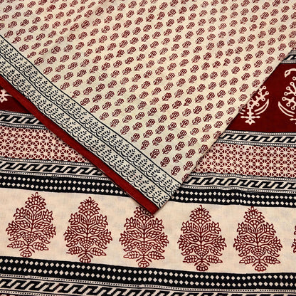 Indian Vintage Sari Beige Block Printed Pure Cotton Saree Craft Fabric 5Yd Sewing Sarong Wrap Boho Floral Crafting Upcycle Quilting