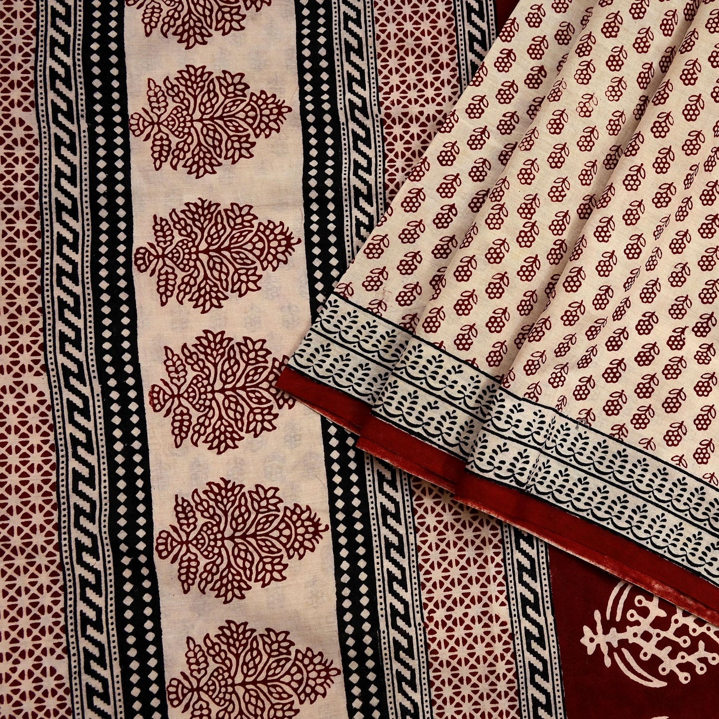 Indian Vintage Sari Beige Block Printed Pure Cotton Saree Craft Fabric 5Yd Sewing Sarong Wrap Boho Floral Crafting Upcycle Quilting