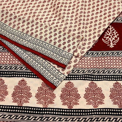 Indian Vintage Sari Beige Block Printed Pure Cotton Saree Craft Fabric 5Yd Sewing Sarong Wrap Boho Floral Crafting Upcycle Quilting