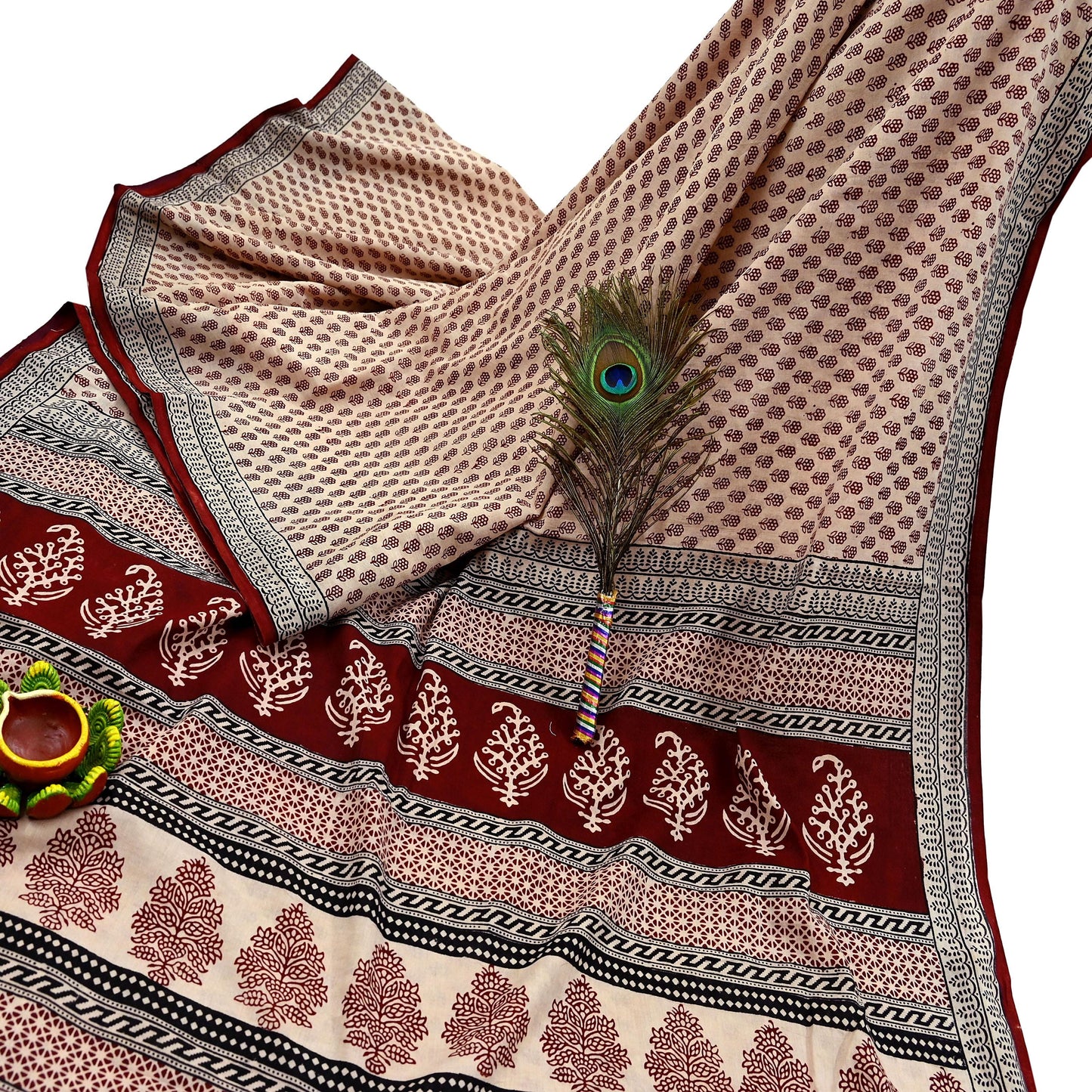 Indian Vintage Sari Beige Block Printed Pure Cotton Saree Craft Fabric 5Yd Sewing Sarong Wrap Boho Floral Crafting Upcycle Quilting