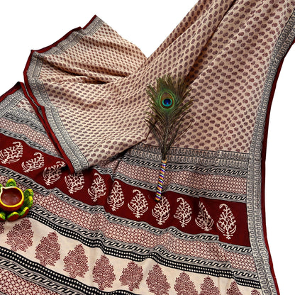Indian Vintage Sari Beige Block Printed Pure Cotton Saree Craft Fabric 5Yd Sewing Sarong Wrap Boho Floral Crafting Upcycle Quilting