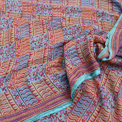 Indian Vintage Sari Green & Blue Pure Georgette Silk Printed Sarees Craft Fabric Sewing 5Yd Soft Sari Dress Making Crafting Quilting Upcycle
