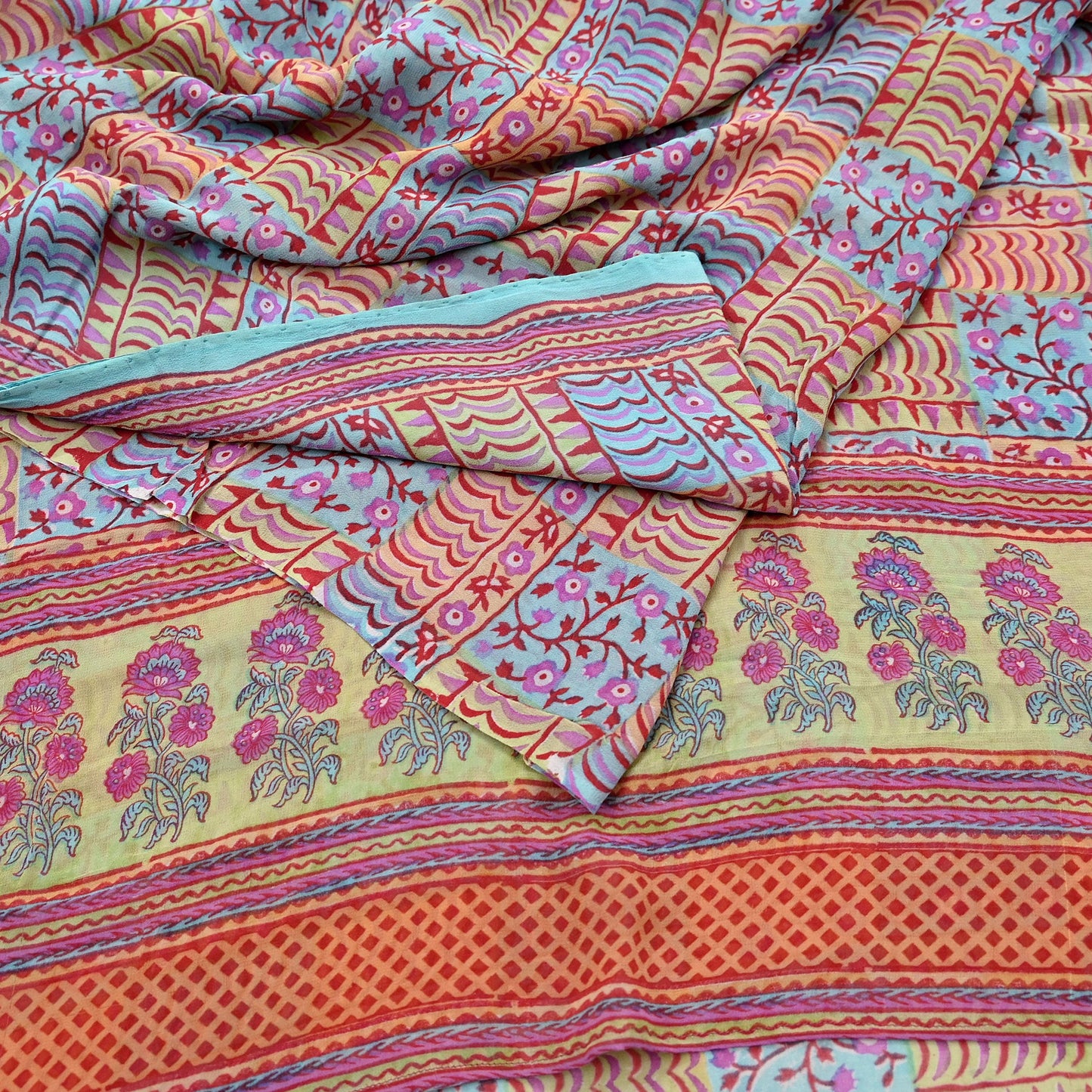 Indian Vintage Sari Green & Blue Pure Georgette Silk Printed Sarees Craft Fabric Sewing 5Yd Soft Sari Dress Making Crafting Quilting Upcycle