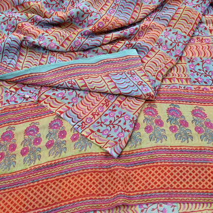 Indian Vintage Sari Green & Blue Pure Georgette Silk Printed Sarees Craft Fabric Sewing 5Yd Soft Sari Dress Making Crafting Quilting Upcycle