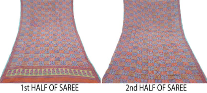 Indian Vintage Sari Green & Blue Pure Georgette Silk Printed Sarees Craft Fabric Sewing 5Yd Soft Sari Dress Making Crafting Quilting Upcycle
