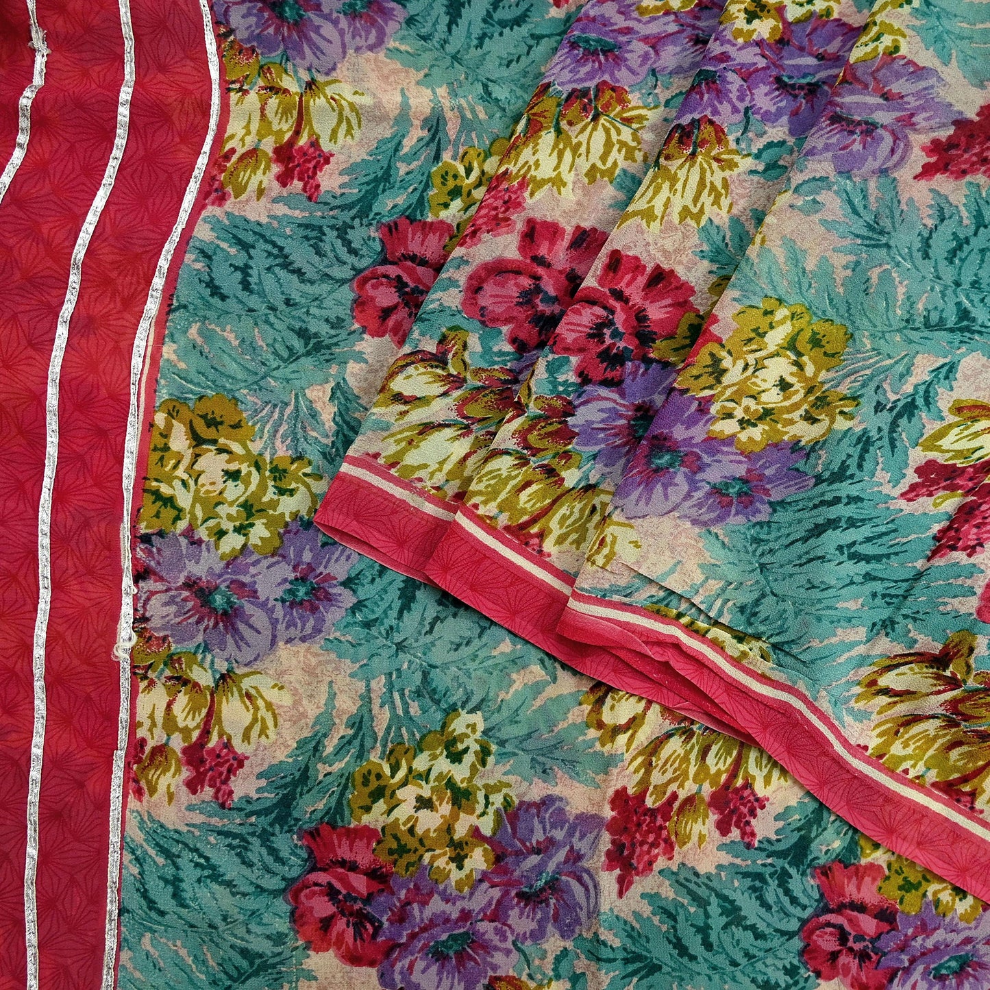 Indian Vintage Sari Green Pure Georgette Silk Printed Sarees Craft Fabric Sewing 5Yd Soft Sari Dress Making Crafting Quilting Upcycle