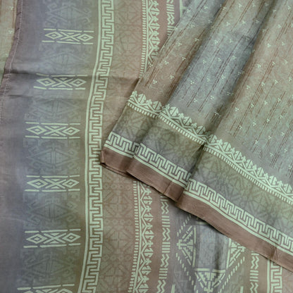 Indian Vintage Sari Green & Brown Pure Silk Printed Sarees 5yd Sewing Craft Fabric Dress Making Soft Wrap Upcycle Used Quilting Crafting