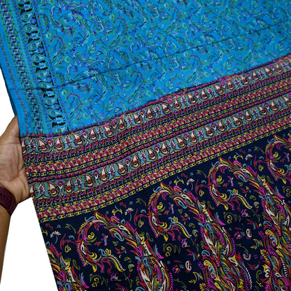 Indian Vintage Saree Blue Pure Silk Printed Sari 5yd Craft Fabric Sewing Floral Soft Wrap Sarong Quilting Used Dress making Quilting Upcycle