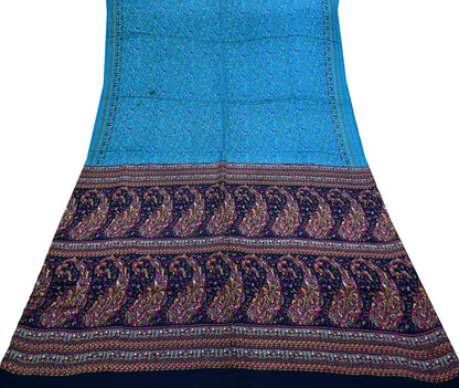 Indian Vintage Saree Blue Pure Silk Printed Sari 5yd Craft Fabric Sewing Floral Soft Wrap Sarong Quilting Used Dress making Quilting Upcycle