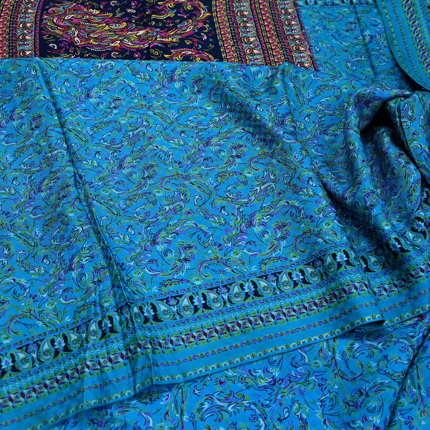 Indian Vintage Saree Blue Pure Silk Printed Sari 5yd Craft Fabric Sewing Floral Soft Wrap Sarong Quilting Used Dress making Quilting Upcycle