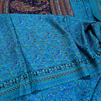 Indian Vintage Saree Blue Pure Silk Printed Sari 5yd Craft Fabric Sewing Floral Soft Wrap Sarong Quilting Used Dress making Quilting Upcycle
