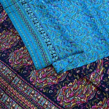 Indian Vintage Saree Blue Pure Silk Printed Sari 5yd Craft Fabric Sewing Floral Soft Wrap Sarong Quilting Used Dress making Quilting Upcycle