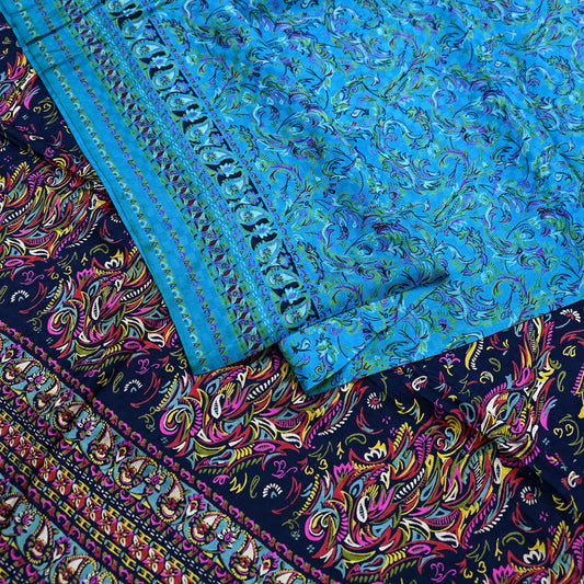 Indian Vintage Saree Blue Pure Silk Printed Sari 5yd Craft Fabric Sewing Floral Soft Wrap Sarong Quilting Used Dress making Quilting Upcycle