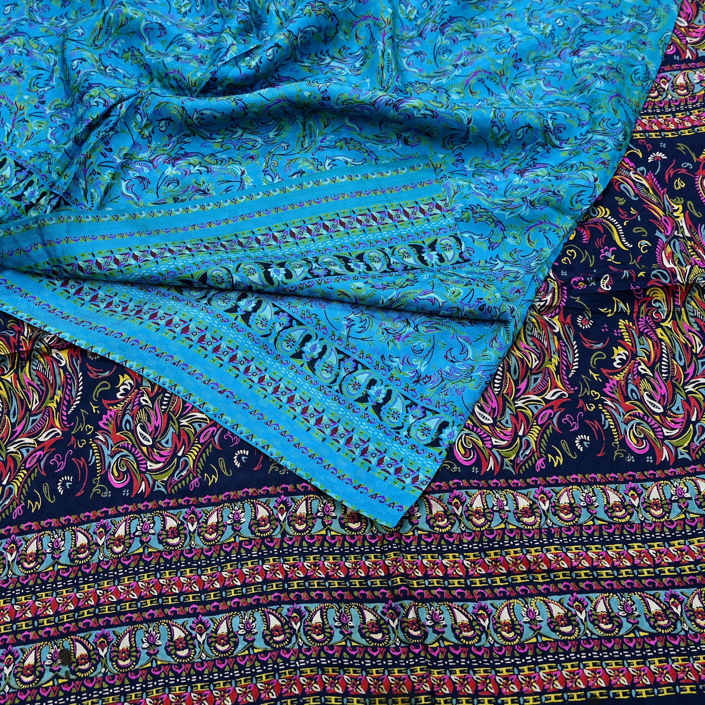 Indian Vintage Saree Blue Pure Silk Printed Sari 5yd Craft Fabric Sewing Floral Soft Wrap Sarong Quilting Used Dress making Quilting Upcycle