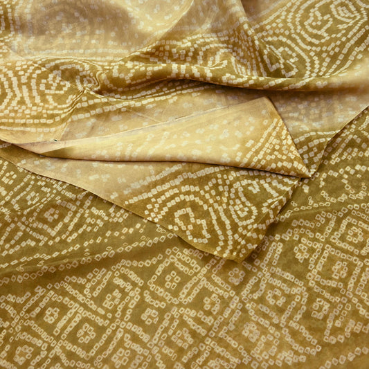 Indian Vintage Sari Beige & Green Pure Silk Bandhani Printed Sarees Fabric 5yd Floral Sewing Traditional Culture Sari Ethnic Fabric
