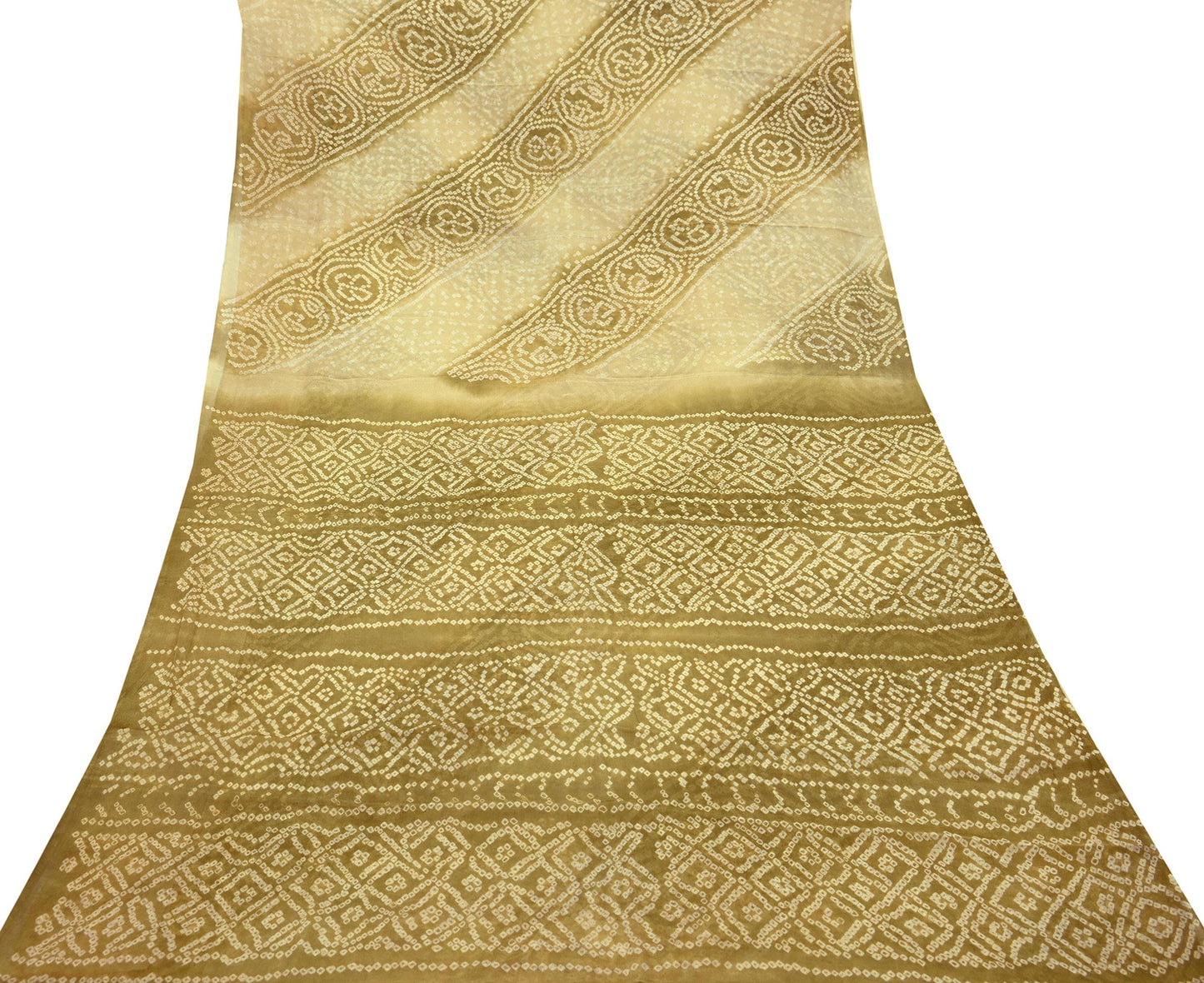 Indian Vintage Sari Beige & Green Pure Silk Bandhani Printed Sarees Fabric 5yd Floral Sewing Traditional Culture Sari Ethnic Fabric