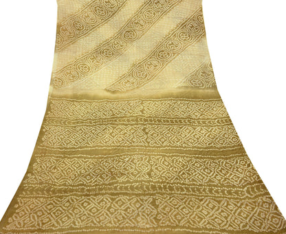 Indian Vintage Sari Beige & Green Pure Silk Bandhani Printed Sarees Fabric 5yd Floral Sewing Traditional Culture Sari Ethnic Fabric