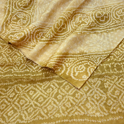 Indian Vintage Sari Beige & Green Pure Silk Bandhani Printed Sarees Fabric 5yd Floral Sewing Traditional Culture Sari Ethnic Fabric