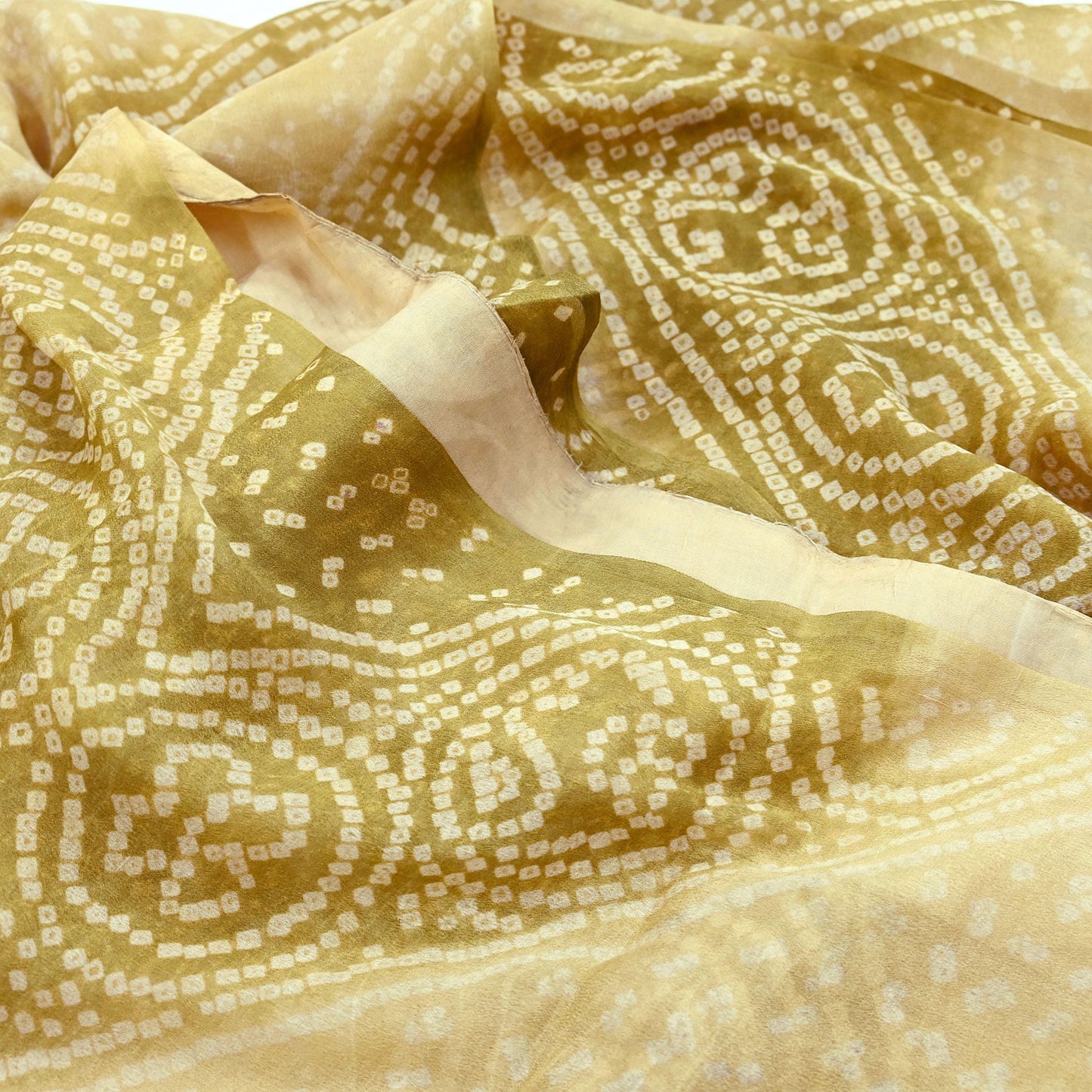 Indian Vintage Sari Beige & Green Pure Silk Bandhani Printed Sarees Fabric 5yd Floral Sewing Traditional Culture Sari Ethnic Fabric