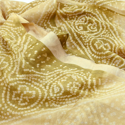 Indian Vintage Sari Beige & Green Pure Silk Bandhani Printed Sarees Fabric 5yd Floral Sewing Traditional Culture Sari Ethnic Fabric
