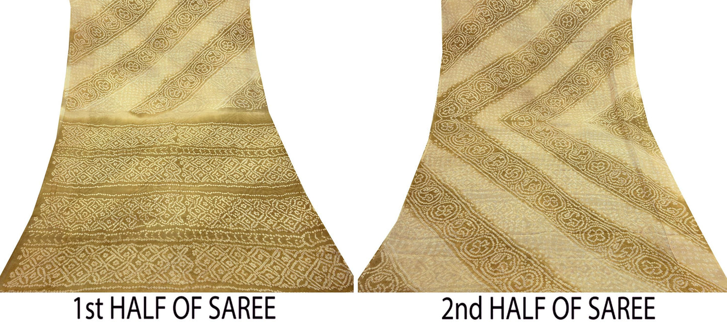 Indian Vintage Sari Beige & Green Pure Silk Bandhani Printed Sarees Fabric 5yd Floral Sewing Traditional Culture Sari Ethnic Fabric