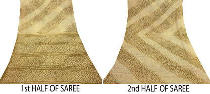 Indian Vintage Sari Beige & Green Pure Silk Bandhani Printed Sarees Fabric 5yd Floral Sewing Traditional Culture Sari Ethnic Fabric