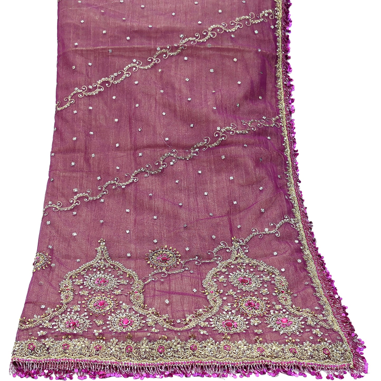 Indian Vintage Heavy Purple Dupatta Net Mesh Long Stole Hand Embroidered Scarves Zardozi/ Zari Tassels Stole Bridal/Wedding Wear