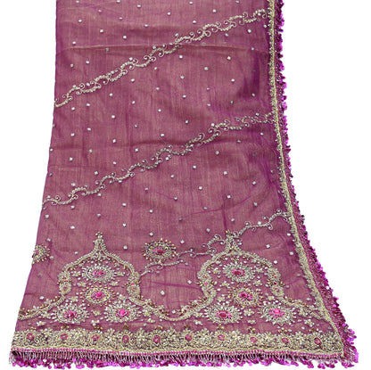 Indian Vintage Heavy Purple Dupatta Net Mesh Long Stole Hand Embroidered Scarves Zardozi/ Zari Tassels Stole Bridal/Wedding Wear