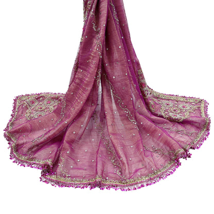 Indian Vintage Heavy Purple Dupatta Net Mesh Long Stole Hand Embroidered Scarves Zardozi/ Zari Tassels Stole Bridal/Wedding Wear