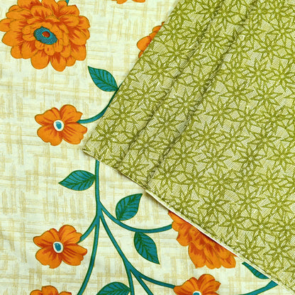 Indian Vintage Saree Ivory & Green Moss Crepe Digital Printed Sari Fabric 6yd Sewing Soft Craft Fabric Dressmaking Dress Designing Quilting