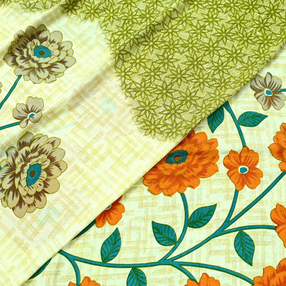 Indian Vintage Saree Ivory & Green Moss Crepe Digital Printed Sari Fabric 6yd Sewing Soft Craft Fabric Dressmaking Dress Designing Quilting