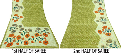 Indian Vintage Saree Ivory & Green Moss Crepe Digital Printed Sari Fabric 6yd Sewing Soft Craft Fabric Dressmaking Dress Designing Quilting