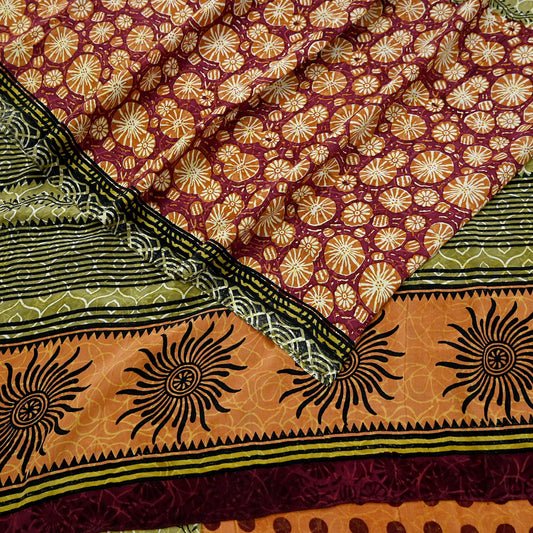 Indian Vintage Sari Multi Pure Crepe Silk Block Printed Saree 5yd Sewing Floral Soft Craft Fabric Wrap Dress making Upcycle For Crafting
