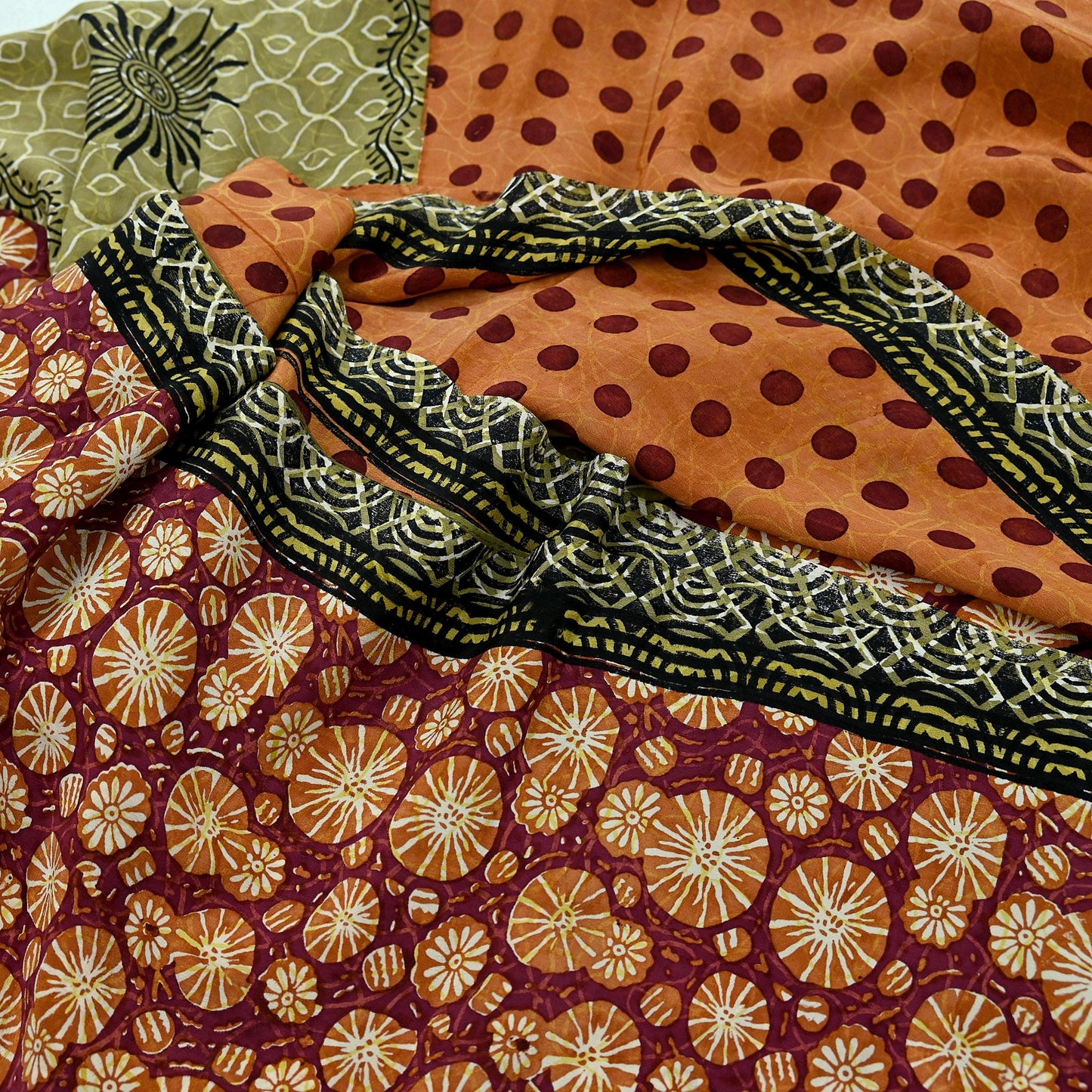 Indian Vintage Sari Multi Pure Crepe Silk Block Printed Saree 5yd Sewing Floral Soft Craft Fabric Wrap Dress making Upcycle For Crafting