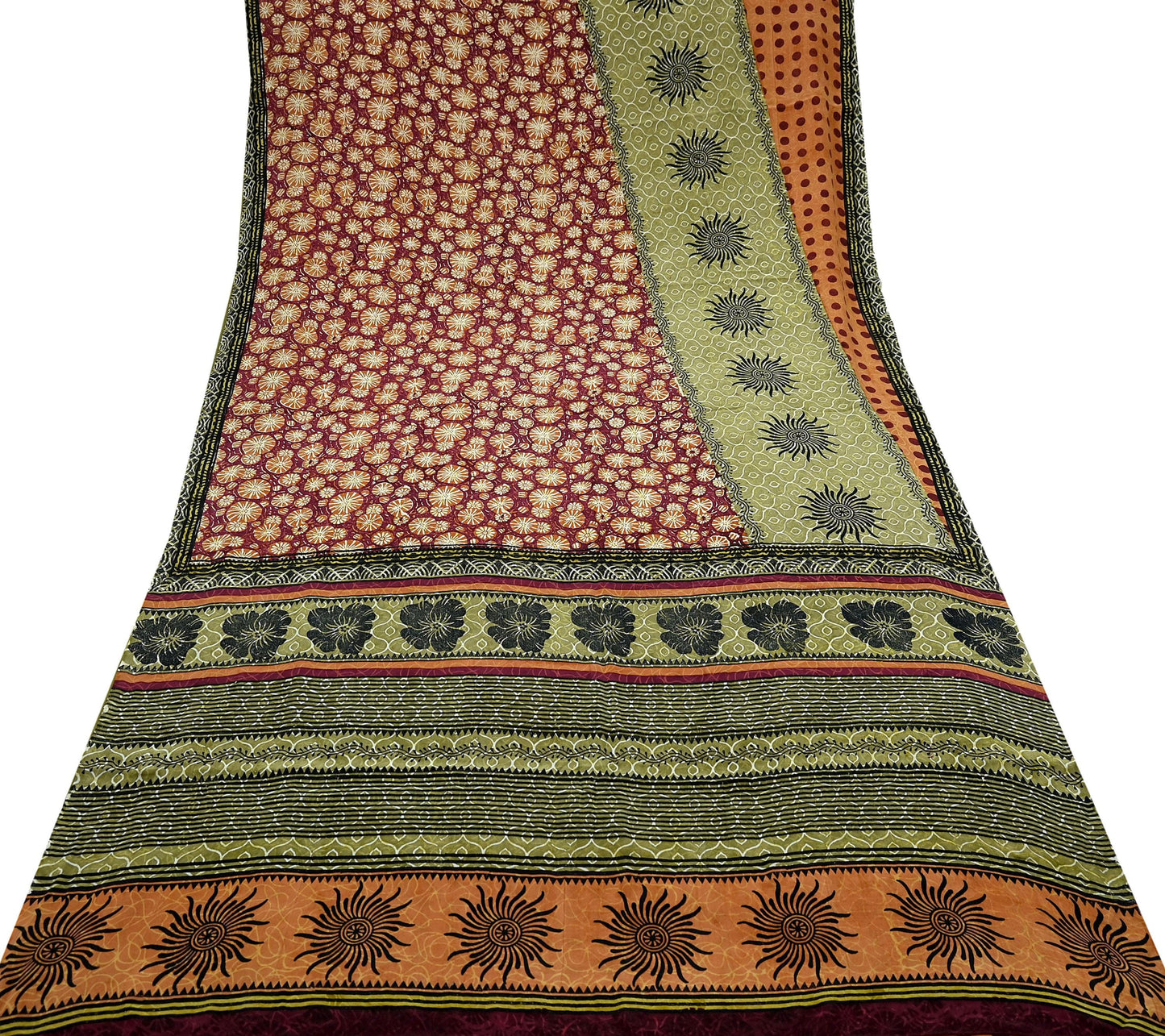 Indian Vintage Sari Multi Pure Crepe Silk Block Printed Saree 5yd Sewing Floral Soft Craft Fabric Wrap Dress making Upcycle For Crafting