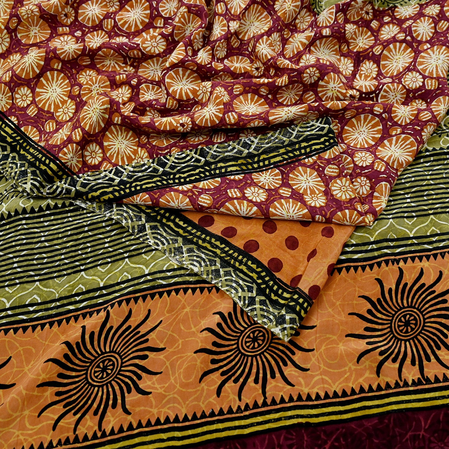 Indian Vintage Sari Multi Pure Crepe Silk Block Printed Saree 5yd Sewing Floral Soft Craft Fabric Wrap Dress making Upcycle For Crafting