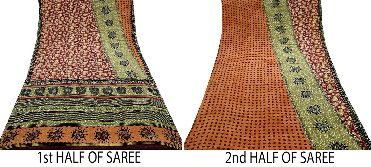 Indian Vintage Sari Multi Pure Crepe Silk Block Printed Saree 5yd Sewing Floral Soft Craft Fabric Wrap Dress making Upcycle For Crafting