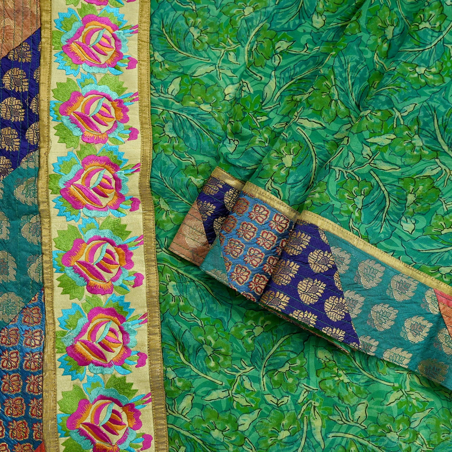 Indian Vintage Green Saree Pure Georgette Silk Printed Sari Craft Fabric 5Yd Ethnic Soft Dress making Crafting Quilting