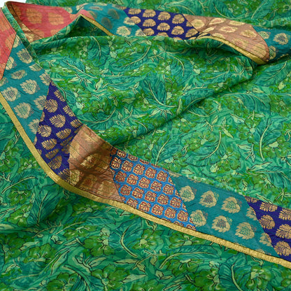 Indian Vintage Green Saree Pure Georgette Silk Printed Sari Craft Fabric 5Yd Ethnic Soft Dress making Crafting Quilting