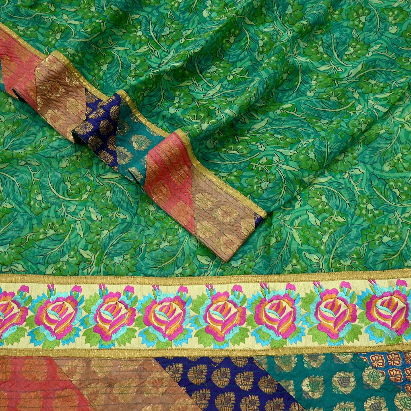 Indian Vintage Green Saree Pure Georgette Silk Printed Sari Craft Fabric 5Yd Ethnic Soft Dress making Crafting Quilting
