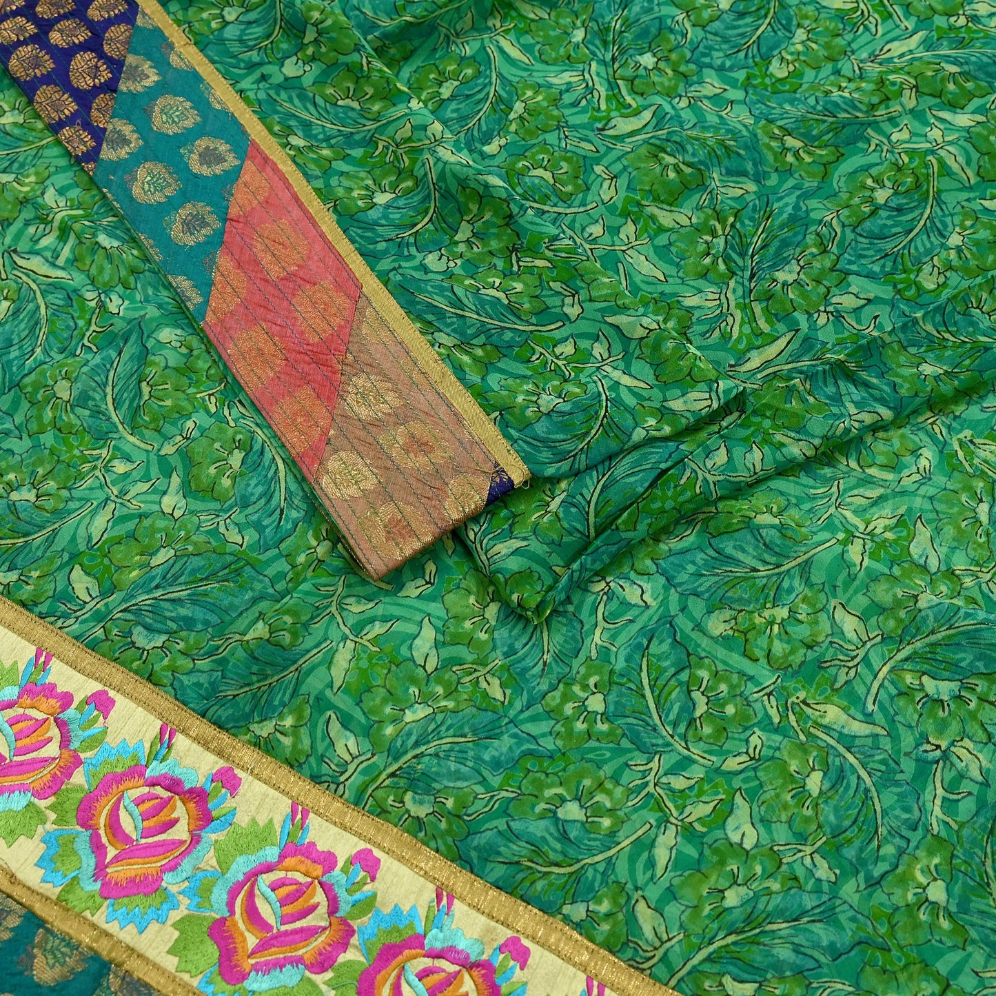 Indian Vintage Green Saree Pure Georgette Silk Printed Sari Craft Fabric 5Yd Ethnic Soft Dress making Crafting Quilting