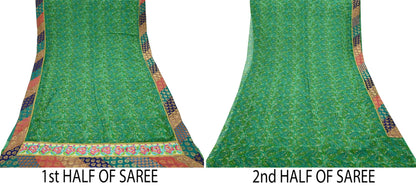 Indian Vintage Green Saree Pure Georgette Silk Printed Sari Craft Fabric 5Yd Ethnic Soft Dress making Crafting Quilting