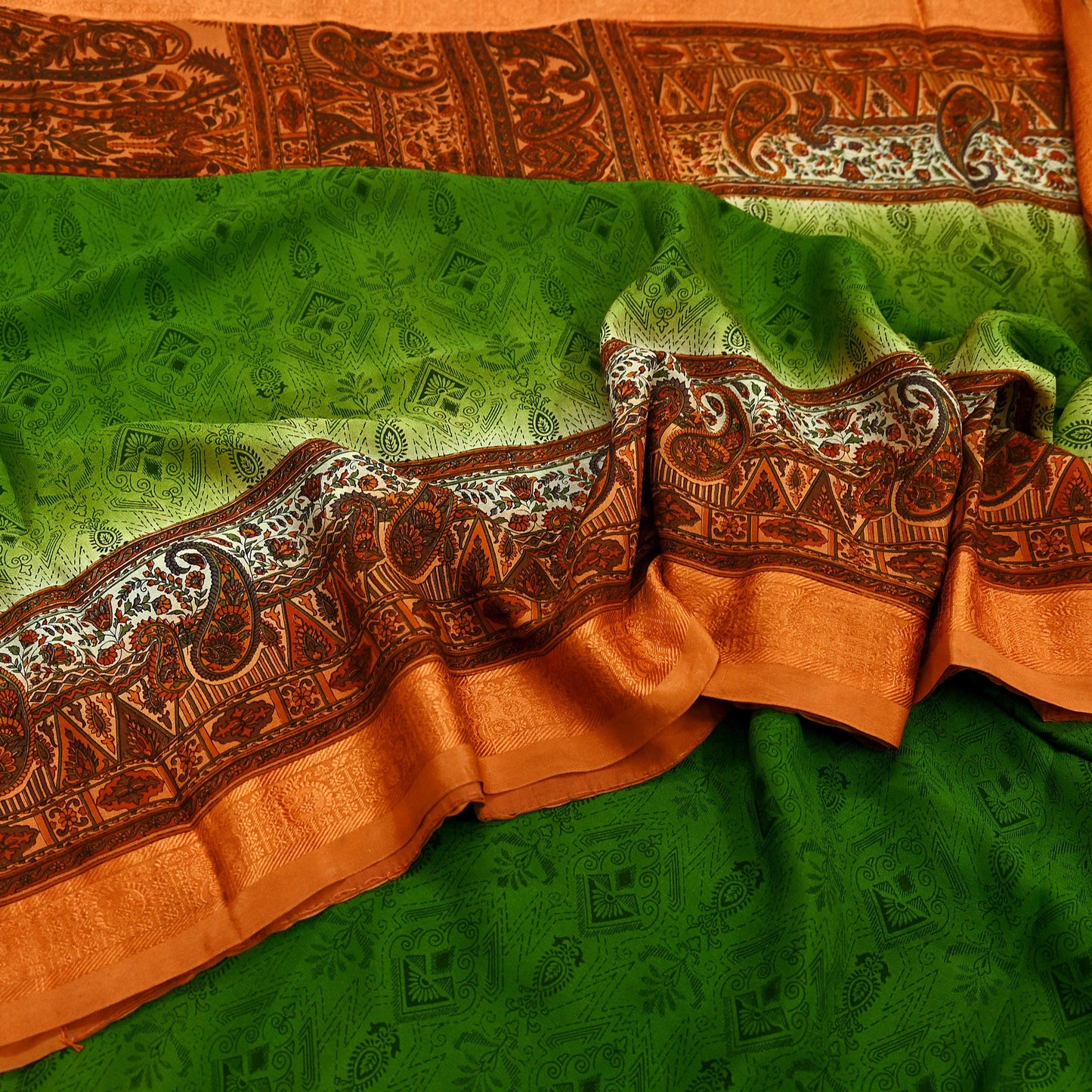 Indian Vintage Sari Green & Orange Printed Pure Silk Sarees Craft Fabric 5yd Sewing  Dress Designing for Crafting Quilting Upcycle Wrap