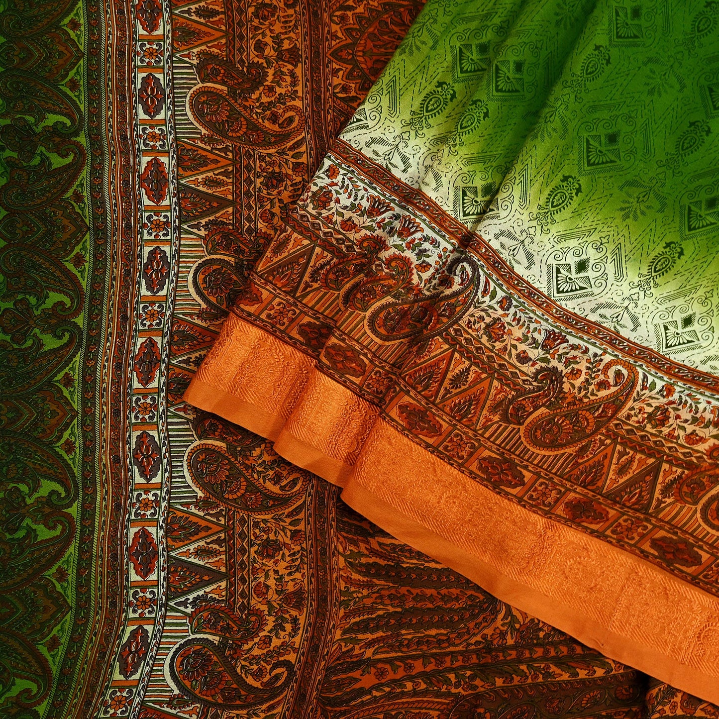 Indian Vintage Sari Green & Orange Printed Pure Silk Sarees Craft Fabric 5yd Sewing  Dress Designing for Crafting Quilting Upcycle Wrap