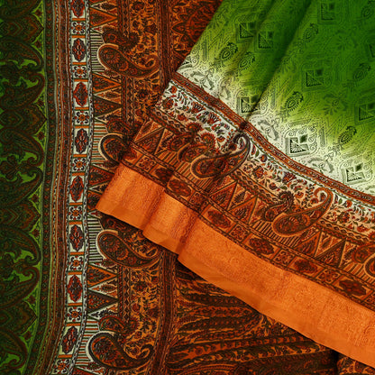 Indian Vintage Sari Green & Orange Printed Pure Silk Sarees Craft Fabric 5yd Sewing  Dress Designing for Crafting Quilting Upcycle Wrap
