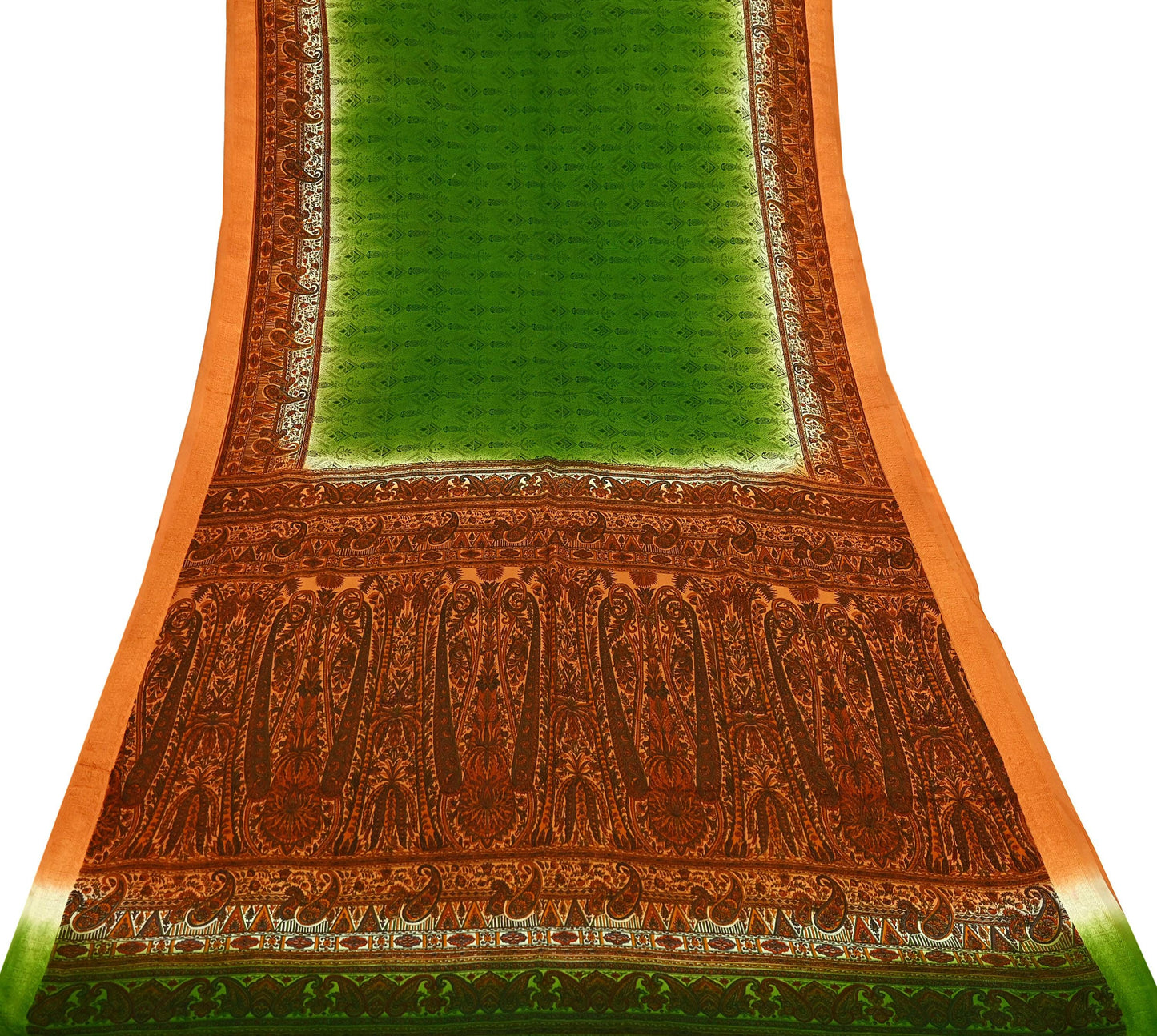 Indian Vintage Sari Green & Orange Printed Pure Silk Sarees Craft Fabric 5yd Sewing  Dress Designing for Crafting Quilting Upcycle Wrap