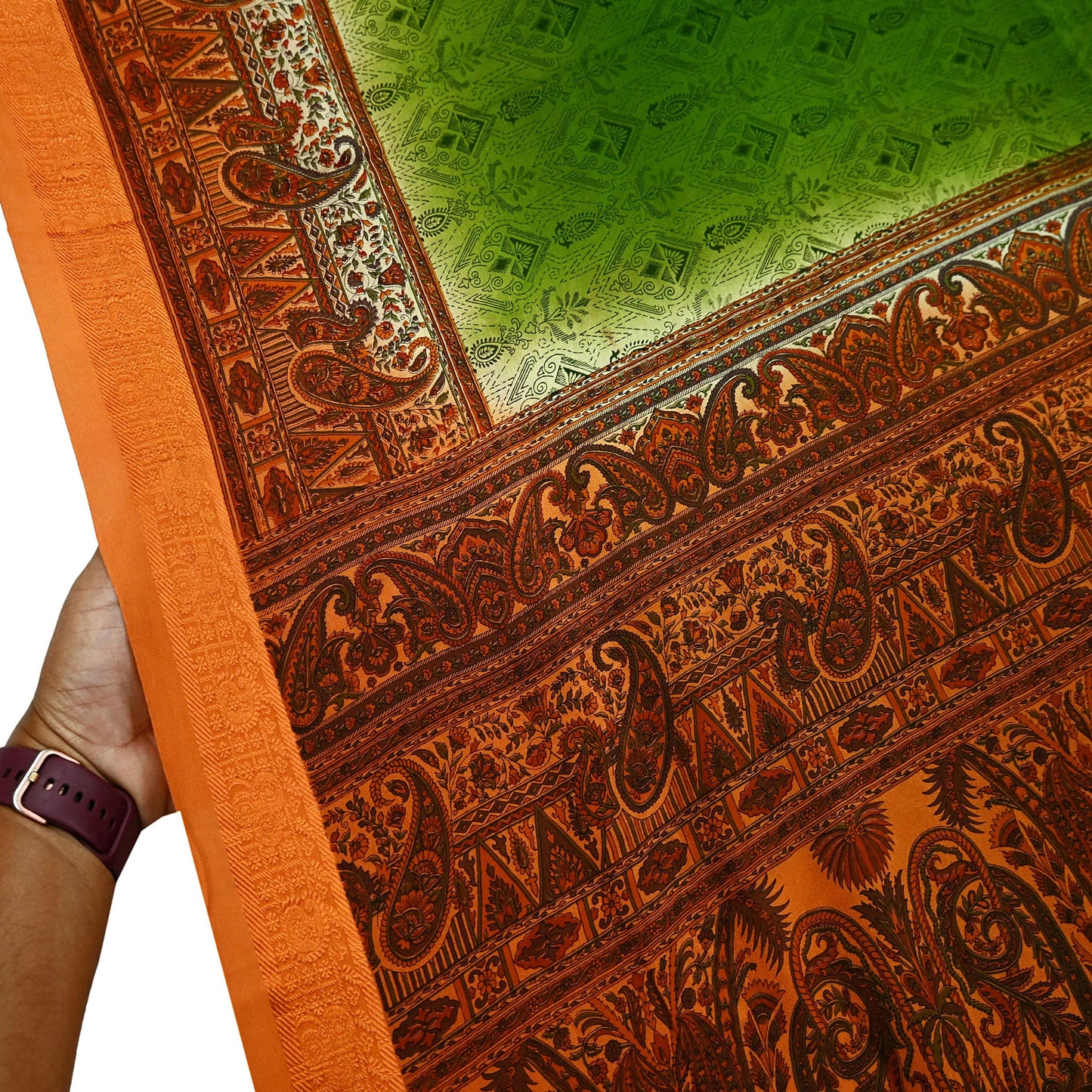 Indian Vintage Sari Green & Orange Printed Pure Silk Sarees Craft Fabric 5yd Sewing  Dress Designing for Crafting Quilting Upcycle Wrap