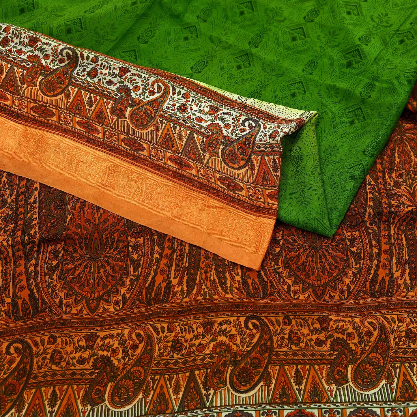 Indian Vintage Sari Green & Orange Printed Pure Silk Sarees Craft Fabric 5yd Sewing  Dress Designing for Crafting Quilting Upcycle Wrap