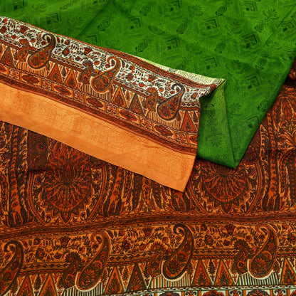 Indian Vintage Sari Green & Orange Printed Pure Silk Sarees Craft Fabric 5yd Sewing  Dress Designing for Crafting Quilting Upcycle Wrap